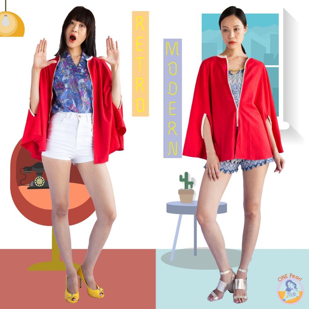 Vintage 50s shawl / Vintage red cape / Mod cap